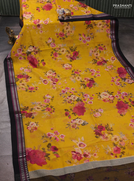 Mustard Yellow & Black  Kota Silk Cotton Saree - Floral Prints
