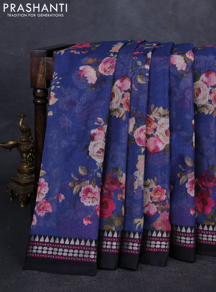 Peacock Blue & Black  Kota Silk Cotton Saree - Floral Prints