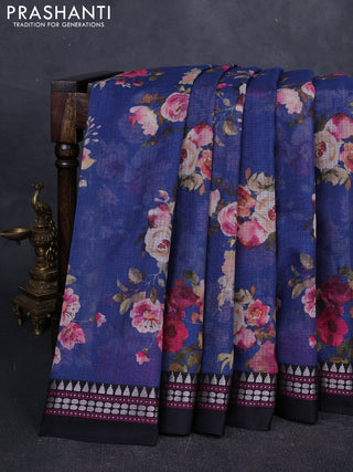 Peacock Blue & Black  Kota Silk Cotton Saree - Floral Prints