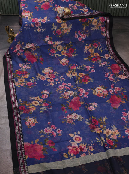 Peacock Blue & Black  Kota Silk Cotton Saree - Floral Prints