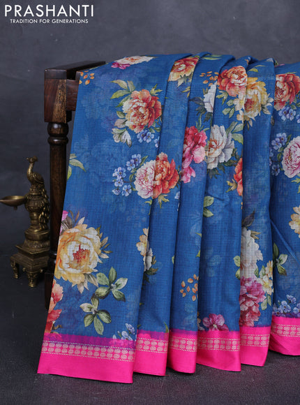 Peacock green & Pink  Kota Silk Cotton Saree - Floral Prints