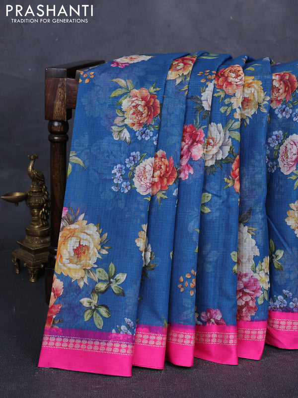 Peacock green & Pink  Kota Silk Cotton Saree - Floral Prints