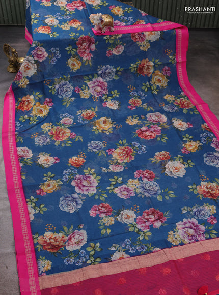 Peacock green & Pink  Kota Silk Cotton Saree - Floral Prints