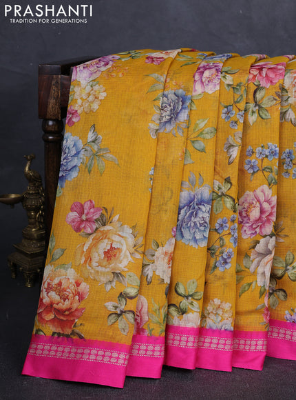 Yellow & Pink  Kota Silk Cotton Saree - Floral Prints