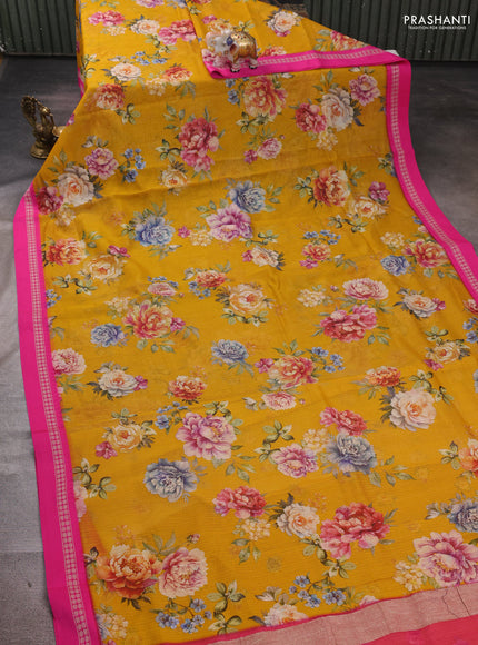 Yellow & Pink  Kota Silk Cotton Saree - Floral Prints