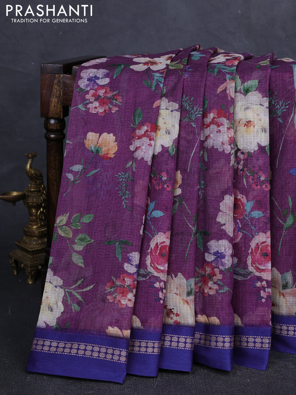 Purple & Blue  Kota Silk Cotton Saree - Floral Prints