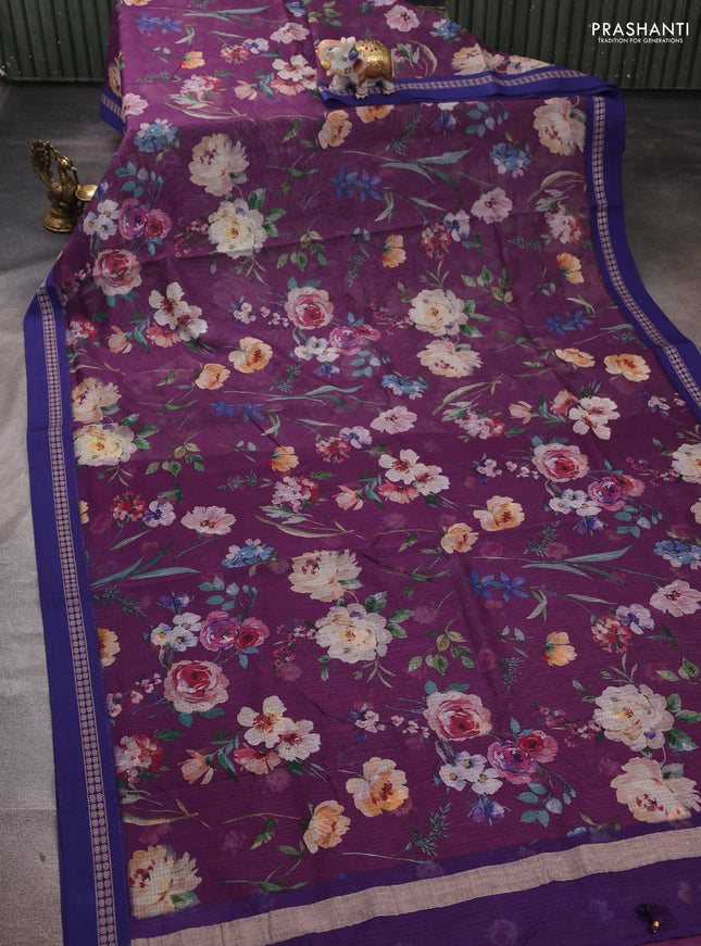 Purple & Blue  Kota Silk Cotton Saree - Floral Prints