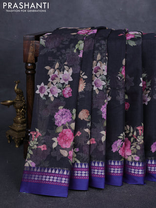 Black & Blue  Kota Silk Cotton Saree - Floral Prints