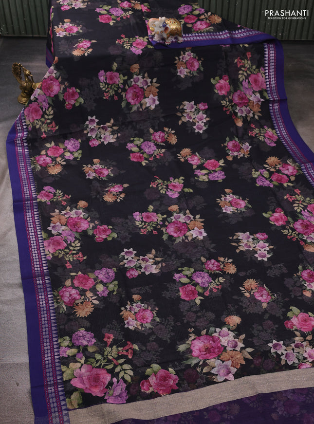 Black & Blue  Kota Silk Cotton Saree - Floral Prints