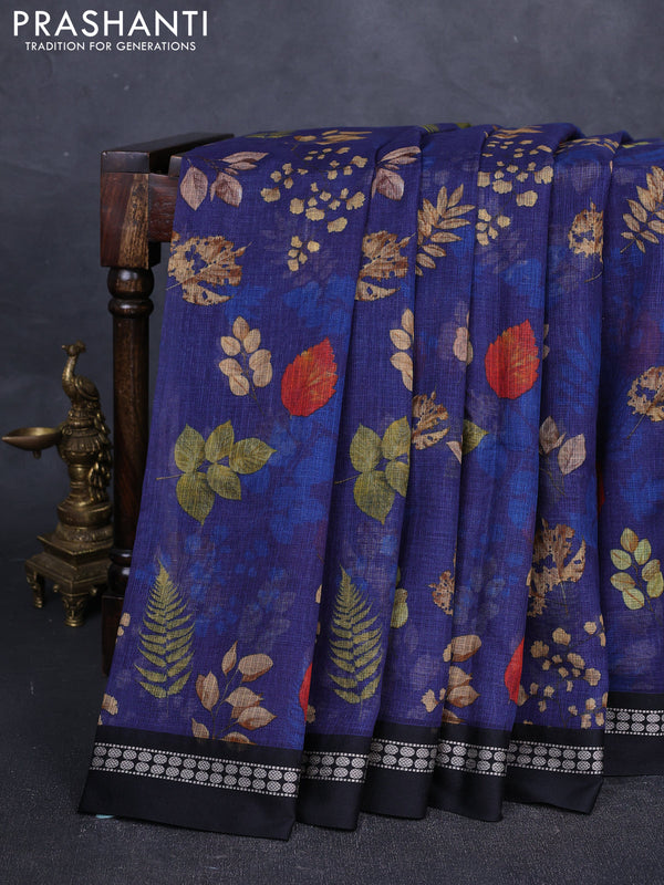 Blue & Black  Kota Silk Cotton Saree - Floral Prints