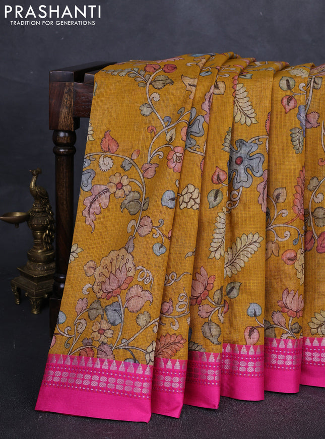 Mustard Yellow & Pink Kota Silk Cotton Saree - Floral Prints