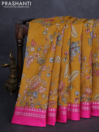 Mustard Yellow & Pink Kota Silk Cotton Saree - Floral Prints