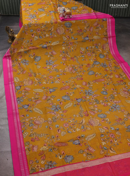 Mustard Yellow & Pink Kota Silk Cotton Saree - Floral Prints