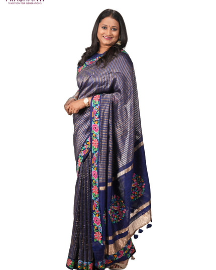 Blue Pure Tussar Silk Saree - Embroidery