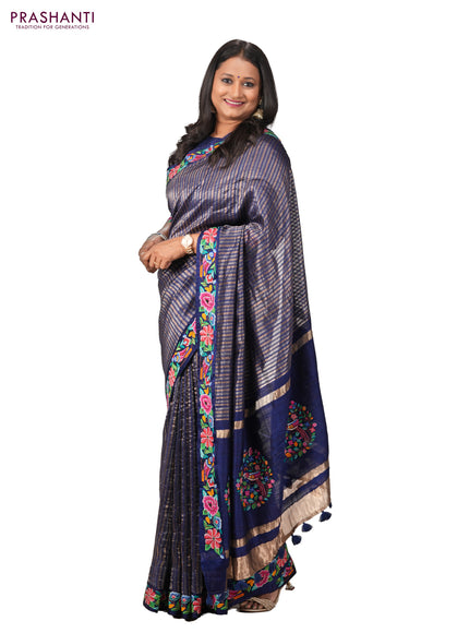 Blue Pure Tussar Silk Saree - Embroidery
