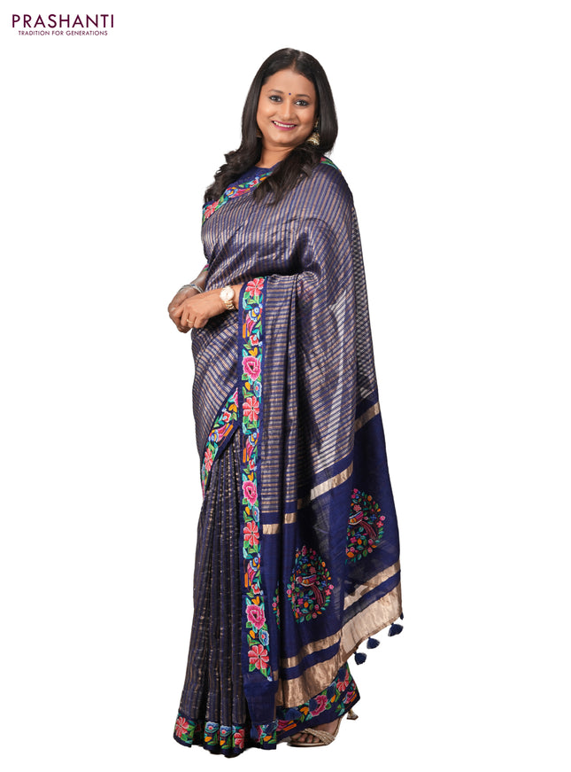 Blue Pure Tussar Silk Saree - Embroidery