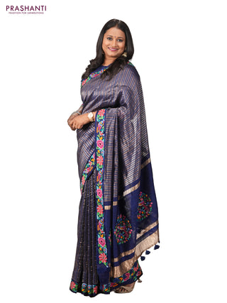 Blue Pure Tussar Silk Saree - Embroidery