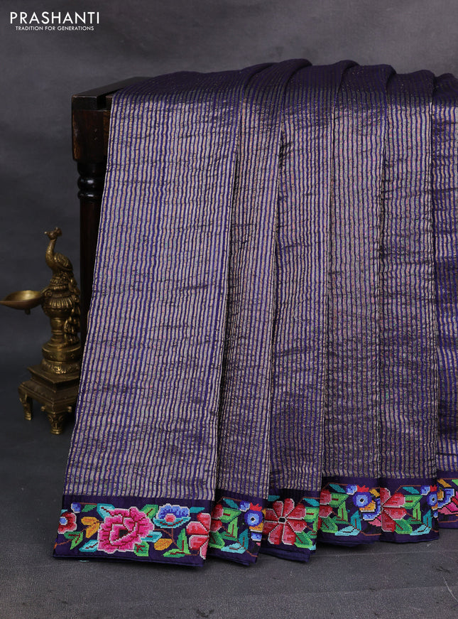 Blue Pure Tussar Silk Saree - Embroidery
