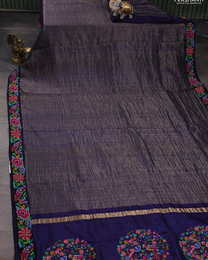 Blue Pure Tussar Silk Saree - Embroidery