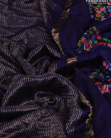 Blue Pure Tussar Silk Saree - Embroidery