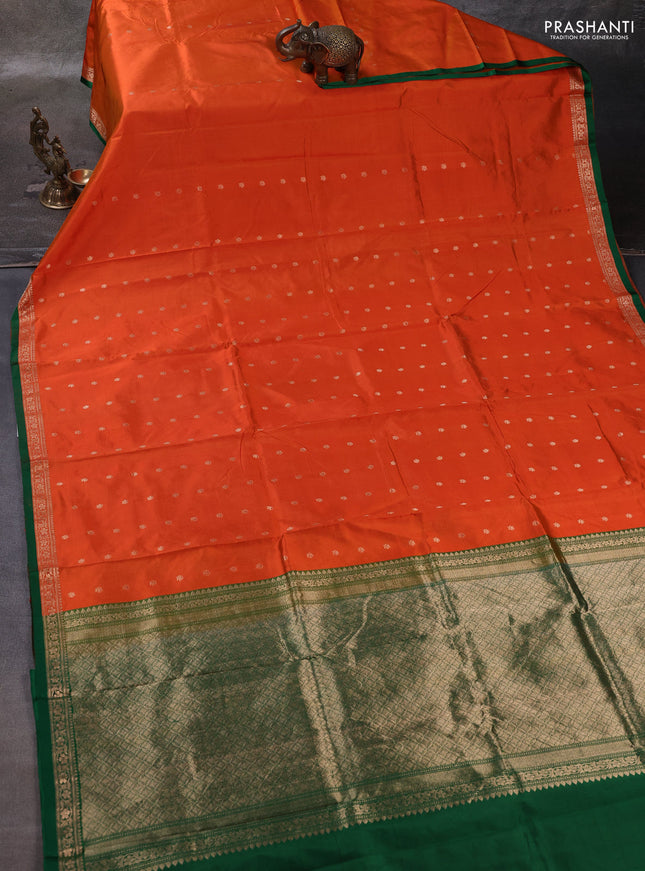 Orange & Green Banarasi Katan Silk Saree - Zari Butta