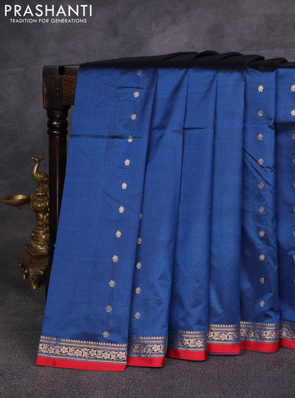 Peacock Blue & Red Banarasi Katan Silk Saree - Zari Butta
