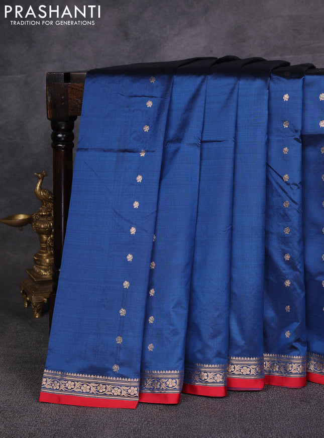 Peacock Blue & Red Banarasi Katan Silk Saree - Zari Butta