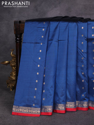 Peacock Blue & Red Banarasi Katan Silk Saree - Zari Butta