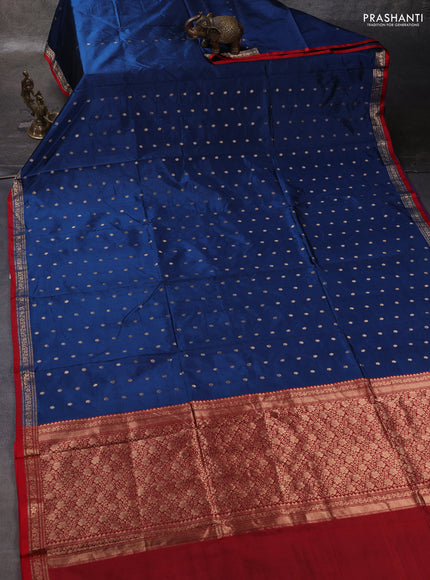 Peacock Blue & Red Banarasi Katan Silk Saree - Zari Butta