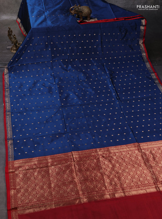 Peacock Blue & Red Banarasi Katan Silk Saree - Zari Butta