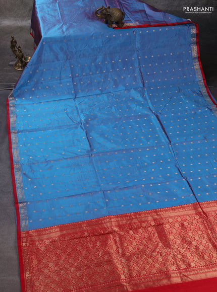 Cs Blue & Red Banarasi Katan Silk Saree - Zari Butta