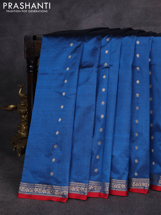 Peacock Blue & Red Banarasi Katan Silk Saree - Zari Butta