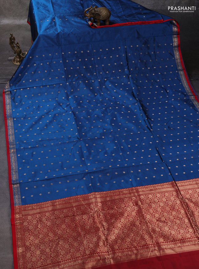 Peacock Blue & Red Banarasi Katan Silk Saree - Zari Butta