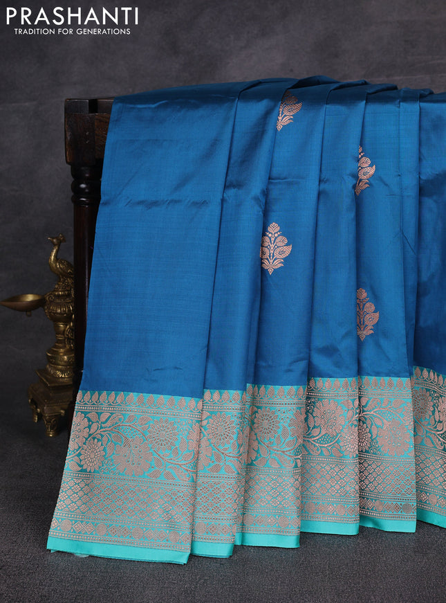 Peacock Blue & Teal Blue Banarasi Katan Silk Saree - Zari Butta