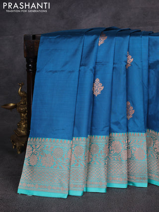 Peacock Blue & Teal Blue Banarasi Katan Silk Saree - Zari Butta