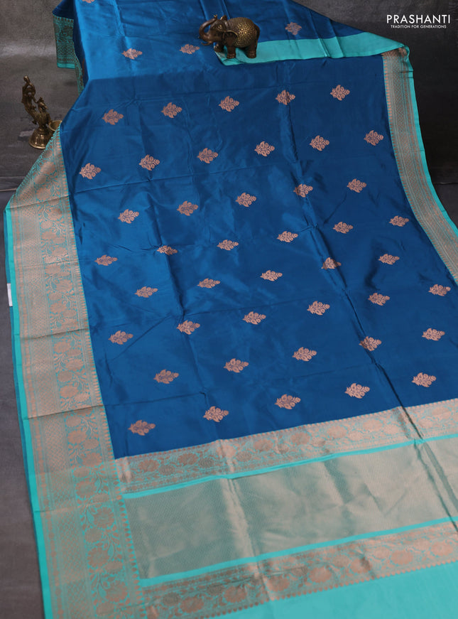 Peacock Blue & Teal Blue Banarasi Katan Silk Saree - Zari Butta
