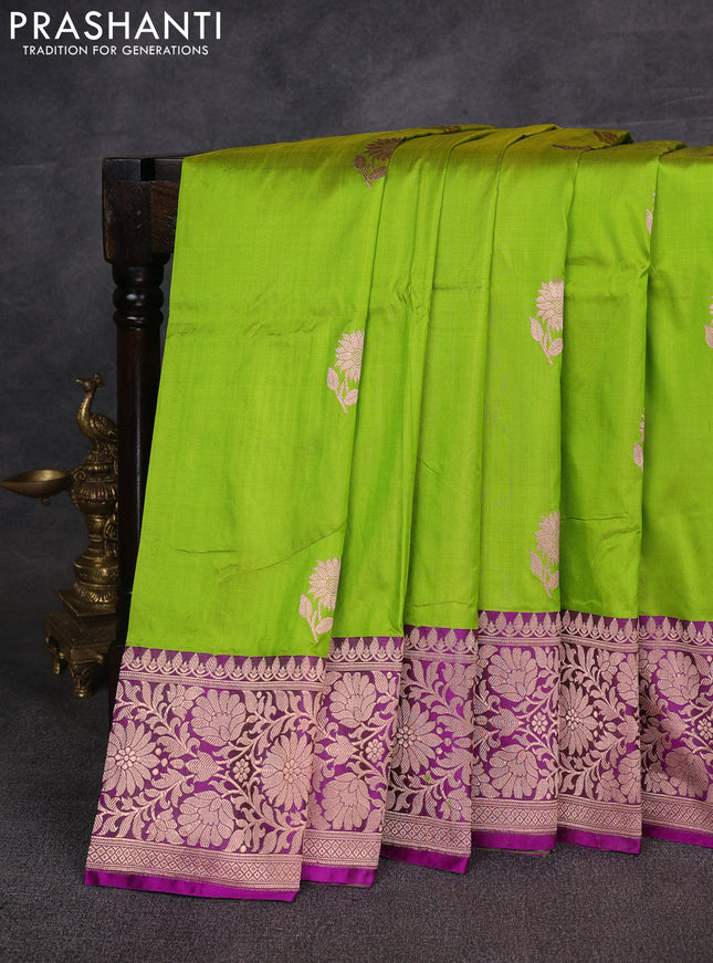 Light Green & Purple Banarasi Katan Silk Saree - Zari Butta