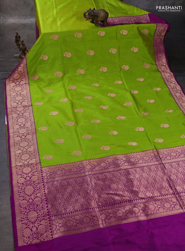 Light Green & Purple Banarasi Katan Silk Saree - Zari Butta