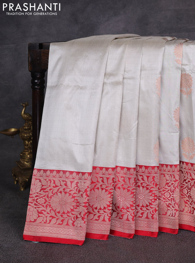 Beige & Red Banarasi Katan Silk Saree - Zari Butta
