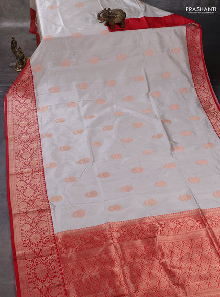 Beige & Red Banarasi Katan Silk Saree - Zari Butta