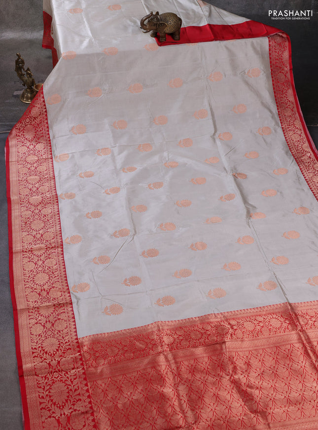 Beige & Red Banarasi Katan Silk Saree - Zari Butta