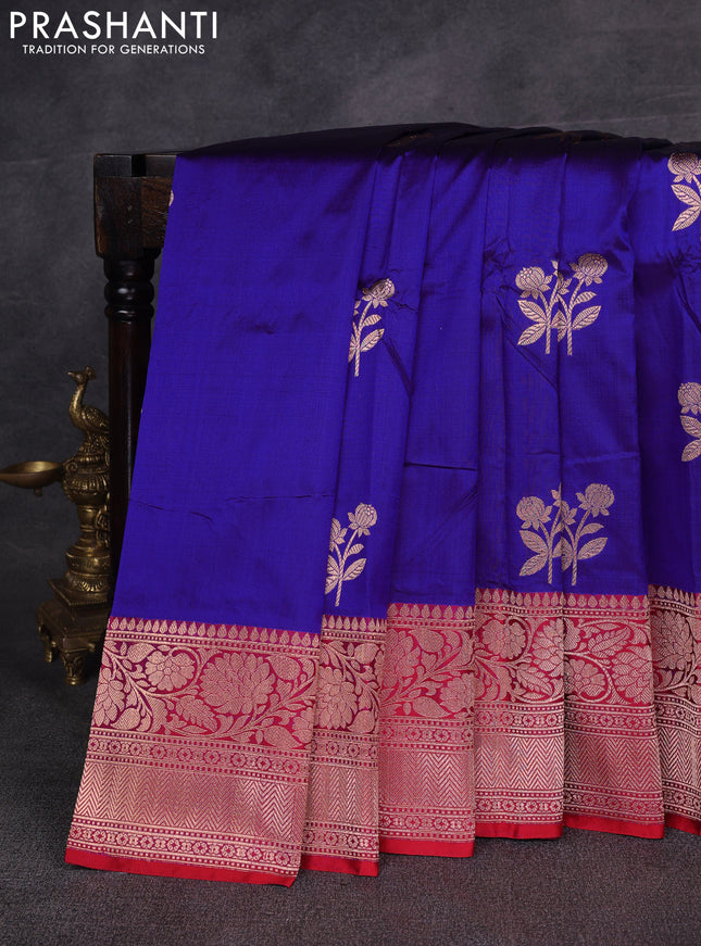 Blue & Red Banarasi Katan Silk Saree - Zari Butta