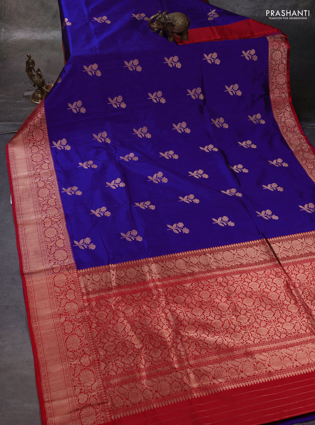 Blue & Red Banarasi Katan Silk Saree - Zari Butta