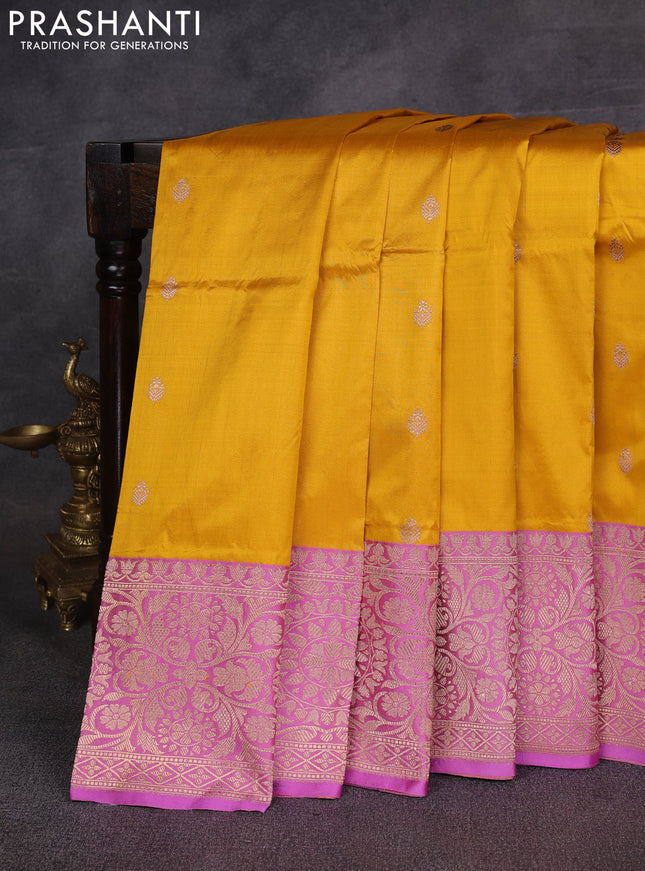 Yellow & Mauve Pink Banarasi Katan Silk Saree - Zari Butta