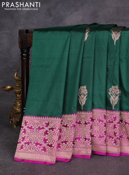 Bottle Green & Magenta Pink Banarasi Katan Silk Saree - Zari Butta