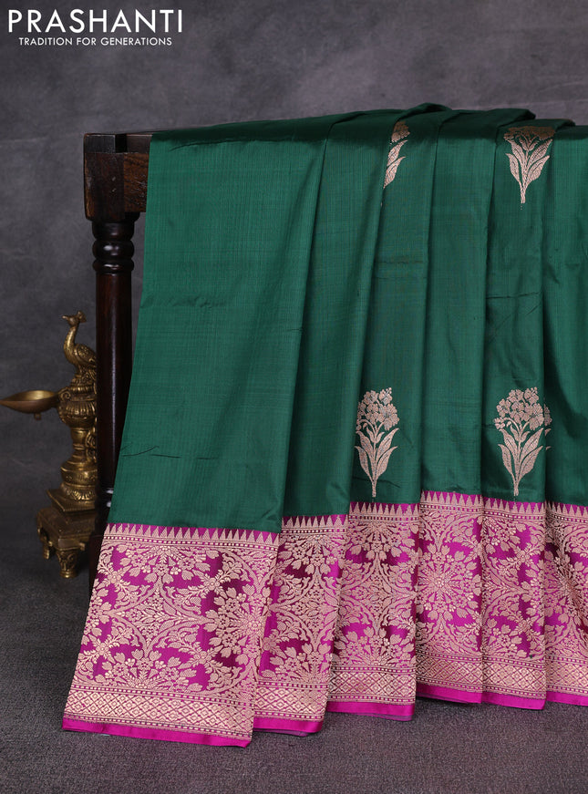 Bottle Green & Magenta Pink Banarasi Katan Silk Saree - Zari Butta