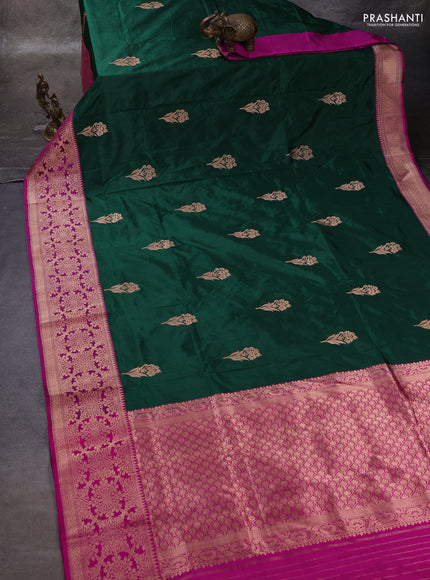 Bottle Green & Magenta Pink Banarasi Katan Silk Saree - Zari Butta