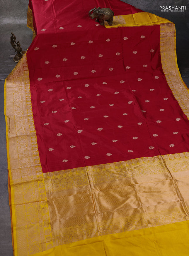 Red & Yellow Banarasi Katan Silk Saree - Zari Butta