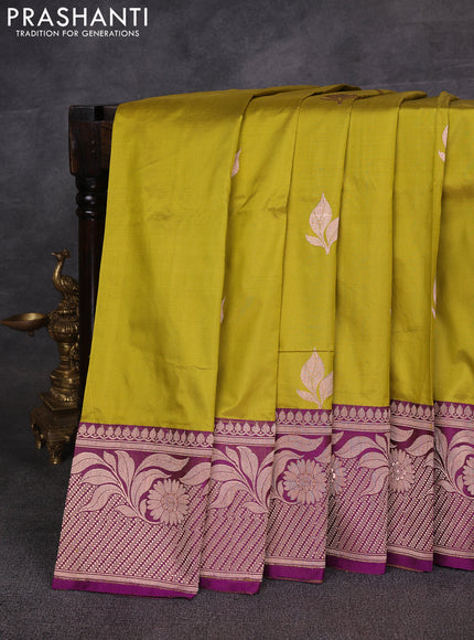 Lime Green & Purple Banarasi Katan Silk Saree - Zari Butta