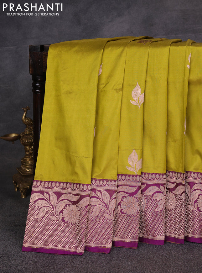Lime Green & Purple Banarasi Katan Silk Saree - Zari Butta